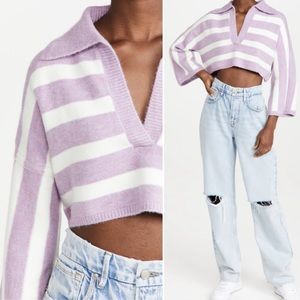 NWT For Love and Lemons Maud Boxy Crop Sweater Striped Purple Collared Knit